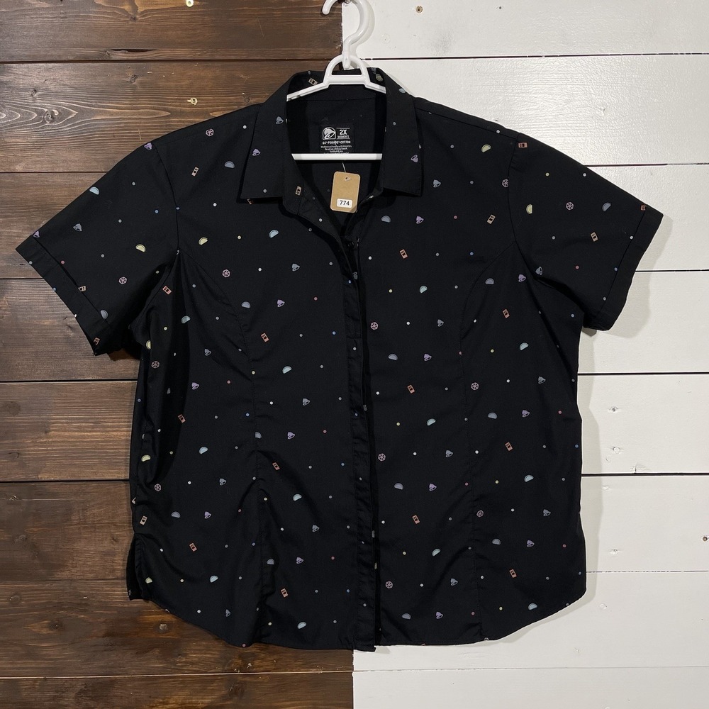 Taco Bell Women's Fitted Short Sleeve All Over‎ Logo Retro Button Up Shirt 2X